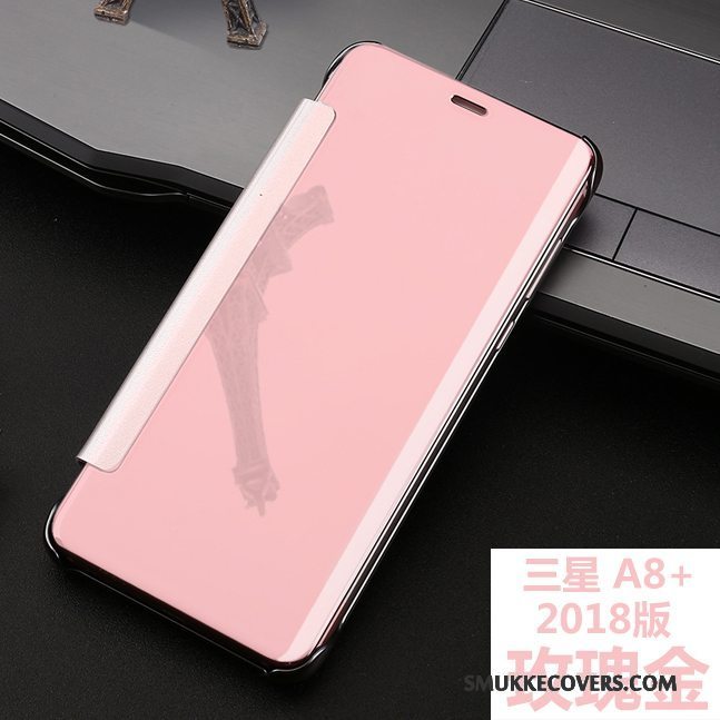 Etui Samsung Galaxy A8+ Beskyttelse Spejl Lyserød, Cover Samsung Galaxy A8+ Læder Anti-fald Telefon