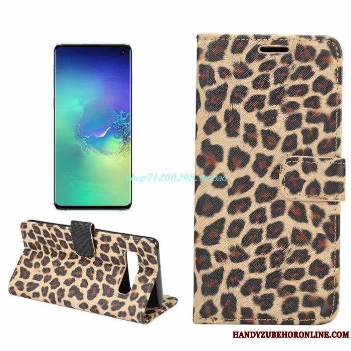 Etui Samsung Galaxy S10 Læder Kort Gul, Cover Samsung Galaxy S10 Beskyttelse Leopard