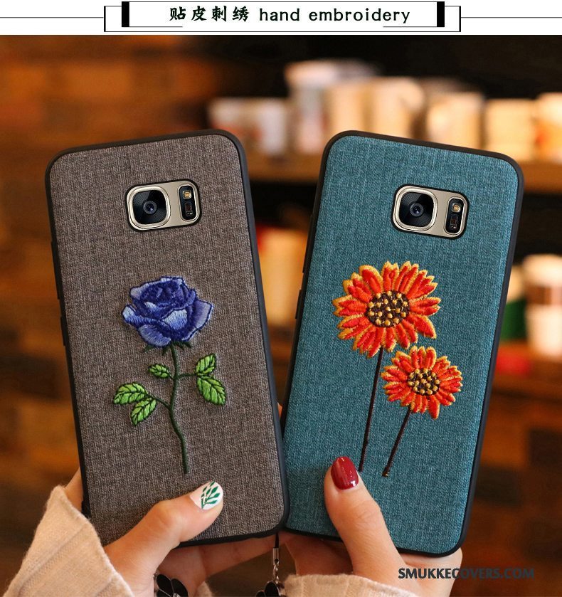 Etui Samsung Galaxy S7 Edge Blød Broderi Blå, Cover Samsung Galaxy S7 Edge Beskyttelse Telefontrend