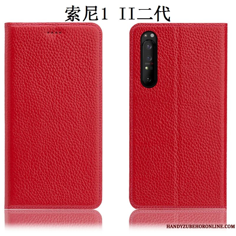 Etui Sony Xperia 1 Ii Folio Litchi Anti-fald, Cover Sony Xperia 1 Ii Læder Telefonrød