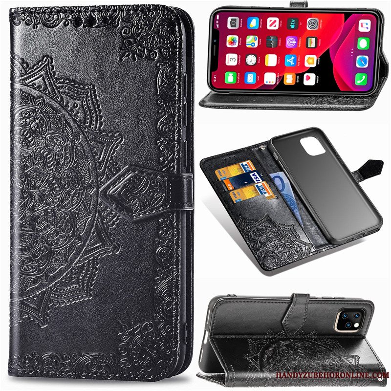 Etui iPhone 11 Pro Max Folio Prægning Solid Farve, Cover iPhone 11 Pro Max Relief Sort Hængende Ornamenter