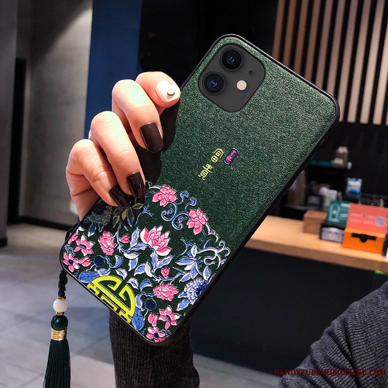 Etui iPhone 11 Relief Ny Telefon, Cover iPhone 11 Læder Grøn Hængende Ornamenter