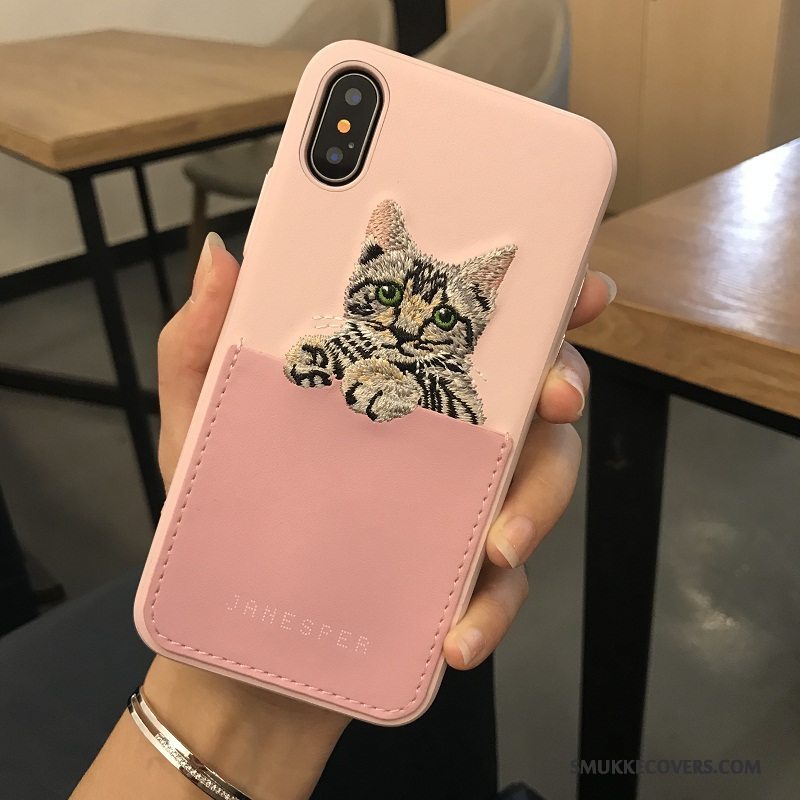 Etui iPhone X Silikone Smuk Kvalitet, Cover iPhone X Læder Lyserød Broderi