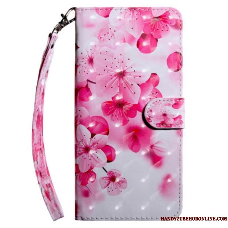 Flip Cover Samsung Galaxy A14 / A14 5G Med Snor Strappy Lyserøde Blomster