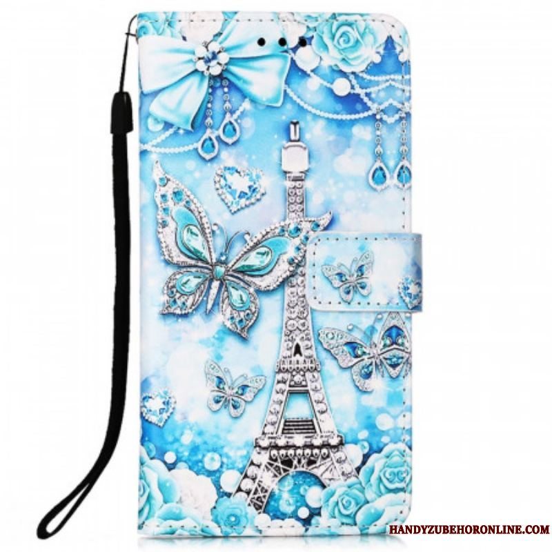 Flip Cover Samsung Galaxy A53 5G Med Snor Eiffeltårnets Sommerfuglestrop