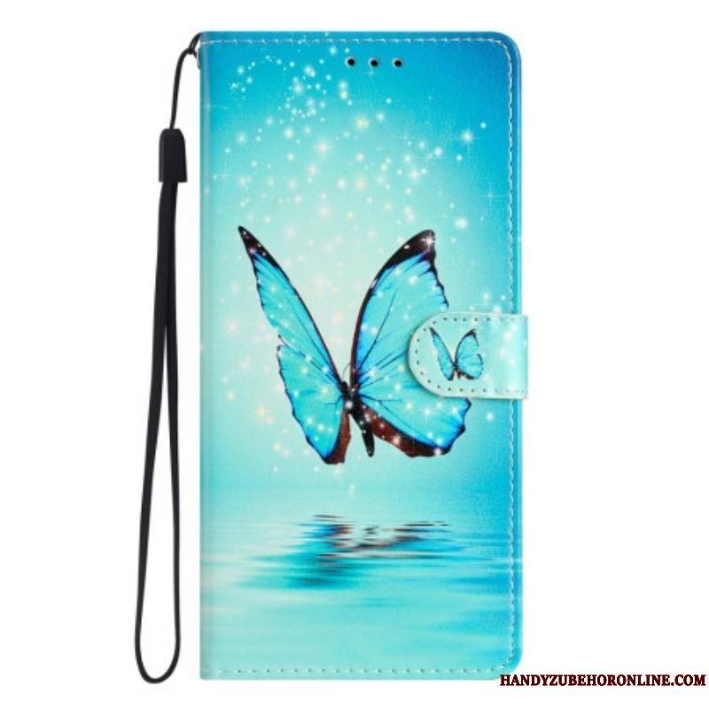 Flip Cover Samsung Galaxy A54 5G Med Snor Blå Sommerfugl Med Rem