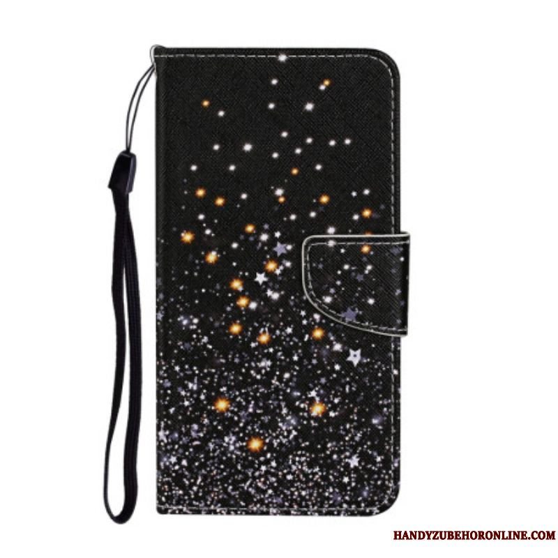 Flip Cover Samsung Galaxy A54 5G Med Snor Sort Bund Og Glitter Strappy