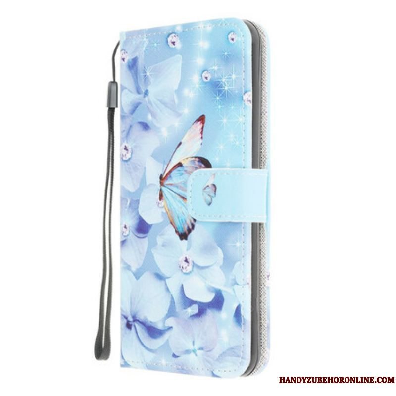 Flip Cover Samsung Galaxy M12 / A12 Med Snor Strappy Diamond Sommerfugle