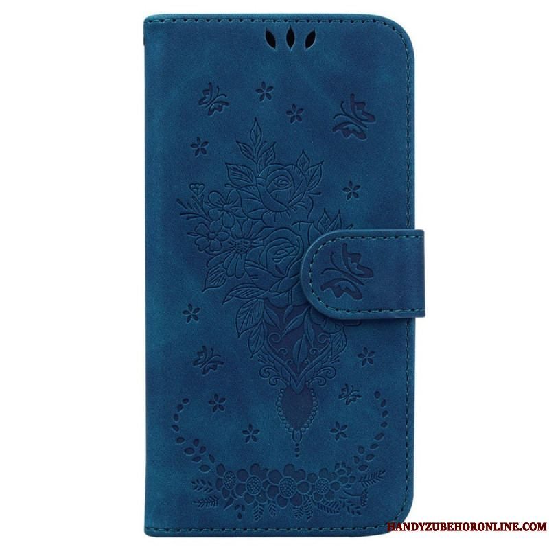 Flip Cover Samsung Galaxy M13 Med Snor Strappy Roser Og Sommerfugle