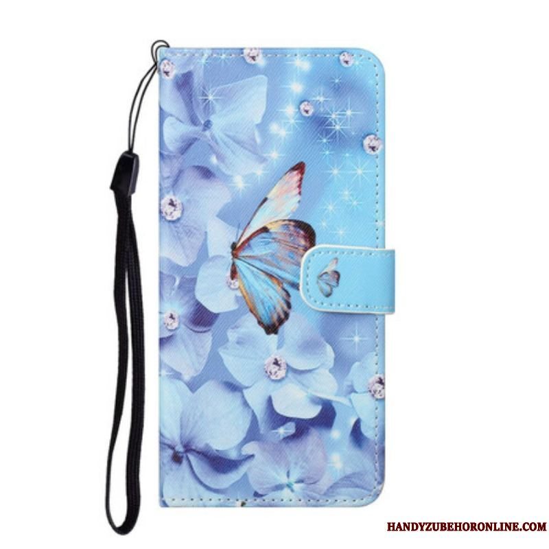 Flip Cover Samsung Galaxy S21 5G Med Snor Strappy Diamond Sommerfugle