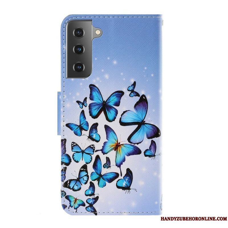 Flip Cover Samsung Galaxy S21 5G Med Snor Variationer Af Sommerfuglesrem