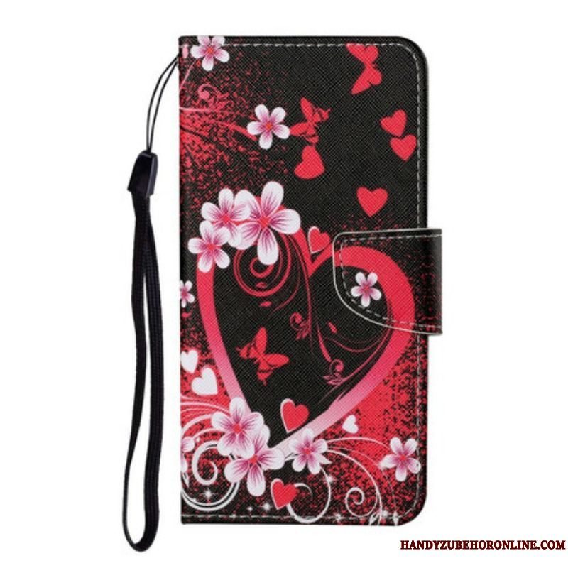 Flip Cover Samsung Galaxy S21 FE Blomster Og Hjerter Med Snor