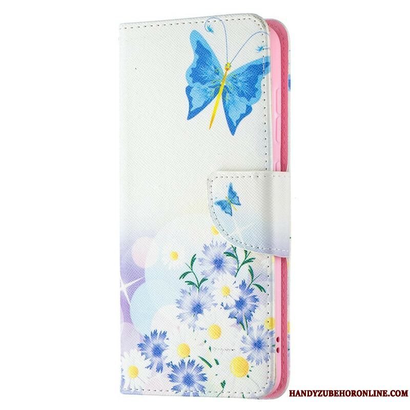 Flip Cover Samsung Galaxy S21 FE Malede Sommerfugle Og Blomster