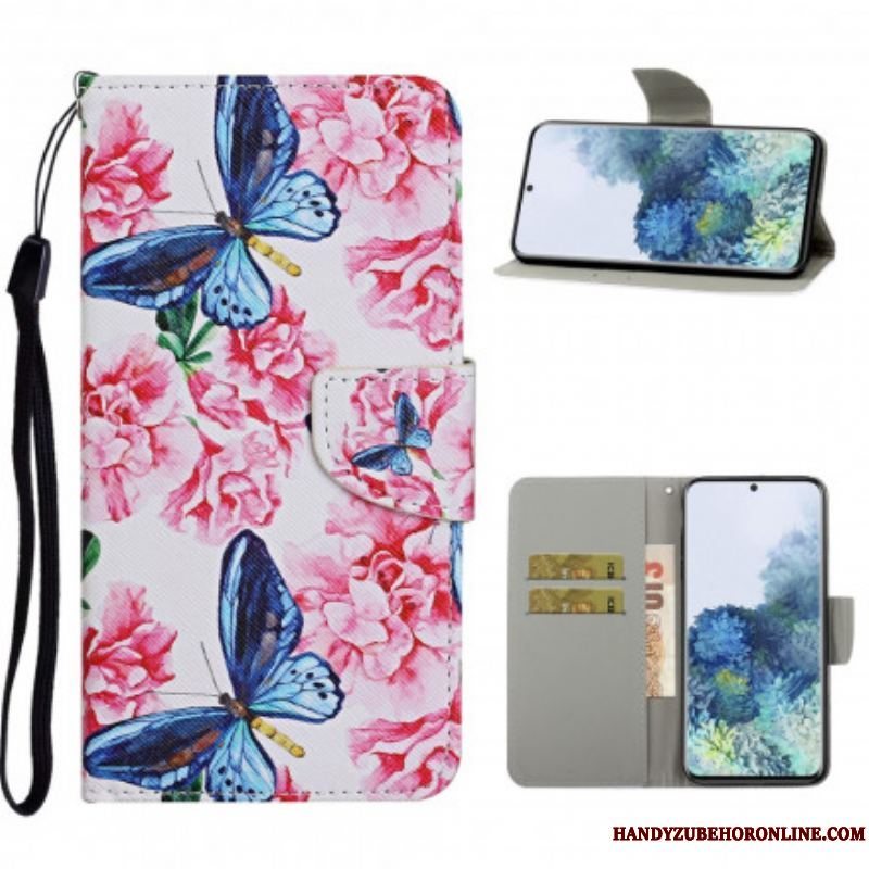 Flip Cover Samsung Galaxy S21 Ultra 5G Butterflies Floral Lanyard