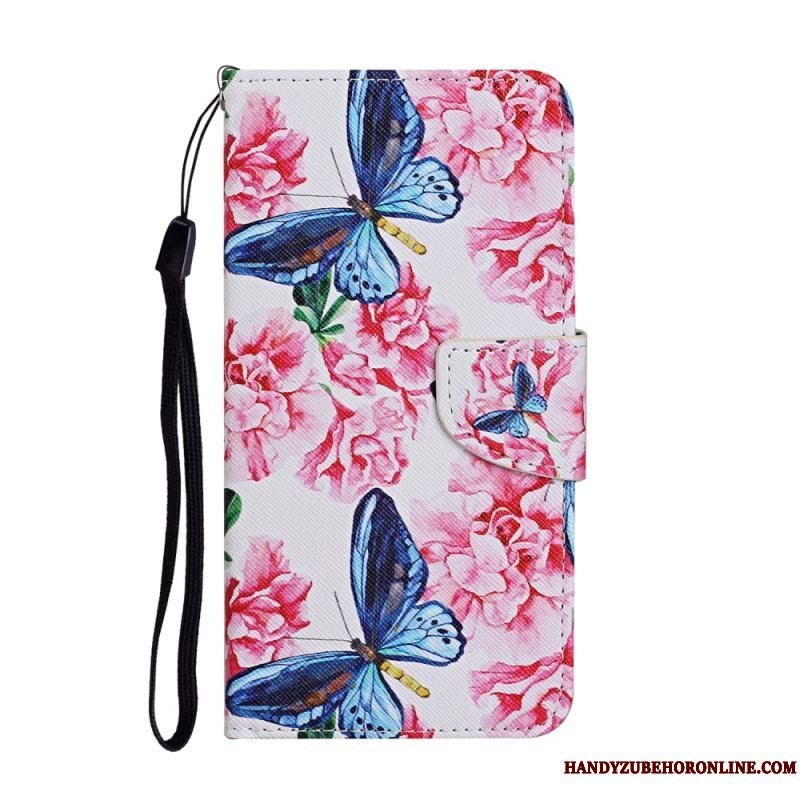 Flip Cover Samsung Galaxy S22 Ultra 5G Butterflies Floral Lanyard