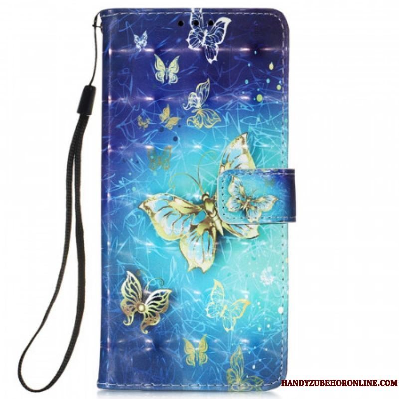 Flip Cover Samsung Galaxy S22 Ultra 5G Golden Butterflies Lanyard