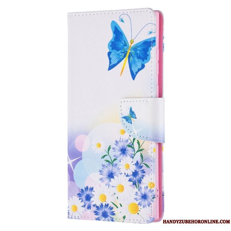 Flip Cover Samsung Galaxy S22 Ultra 5G Malede Sommerfugle Og Blomster