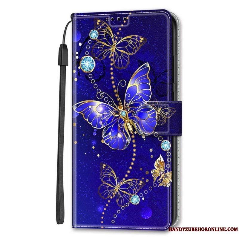 Flip Cover Samsung Galaxy S22 Ultra 5G Med Snor Strap Butterflies Fan