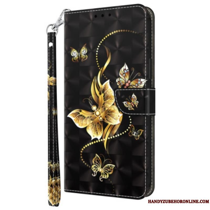 Flip Cover Samsung Galaxy S23 5G Med Snor Butterflies Guldrem