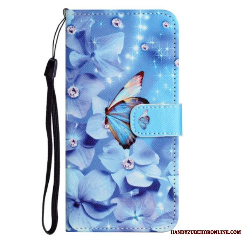 Flip Cover Samsung Galaxy S23 5G Med Snor Strappy Diamond Sommerfugle