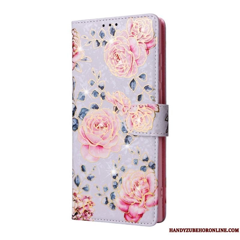 Flip Cover Samsung Galaxy S23 Ultra 5G Rfid-blomster Med Snor