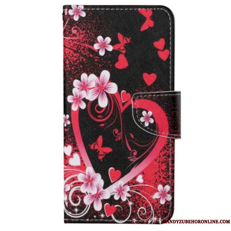 Flip Cover Xiaomi 12T / 12T Pro Blomster Og Hjerter Med Snor