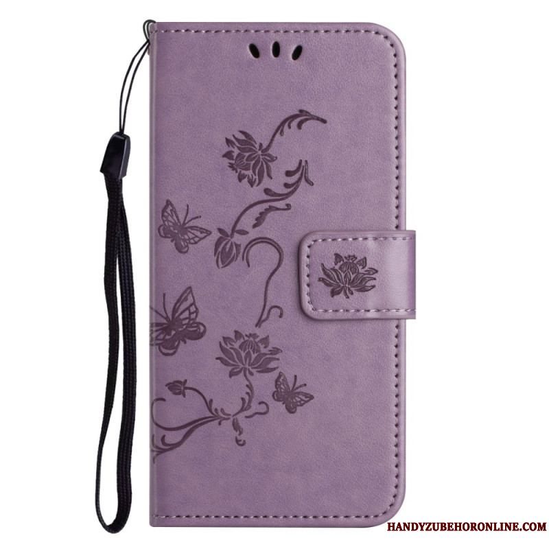 Flip Cover Xiaomi Redmi Note 12 4G Med Snor Blomster Og Sommerfugle Med Rem