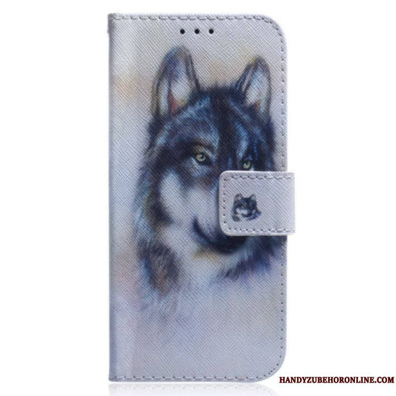Flip Cover Xiaomi Redmi Note 12 5G Med Snor Strappy Aquarel Wolf