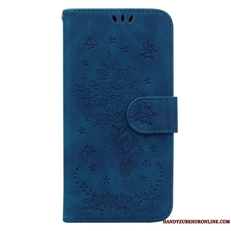 Flip Cover Xiaomi Redmi Note 12 5G Med Snor Strappy Roser Og Sommerfugle