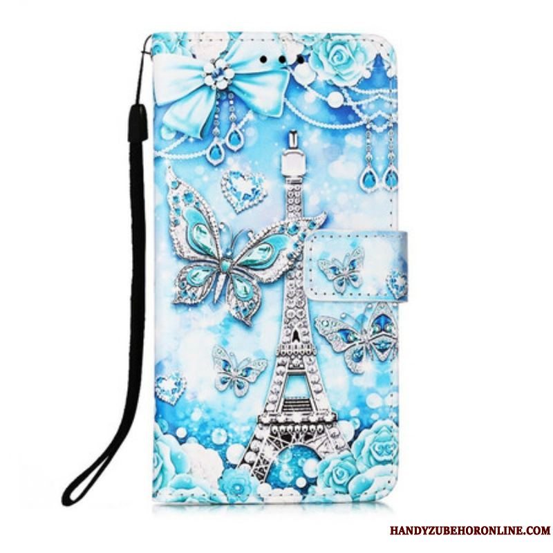 Flip Cover iPhone 13 Mini Med Snor Eiffeltårnets Sommerfuglestrop