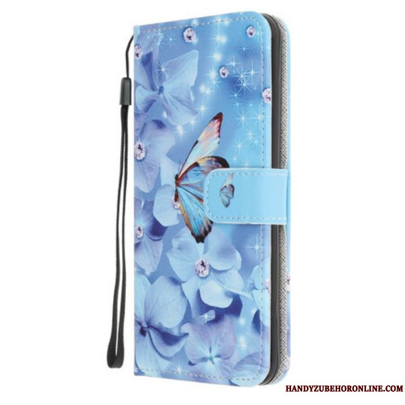 Flip Cover iPhone 13 Mini Med Snor Strappy Diamond Sommerfugle