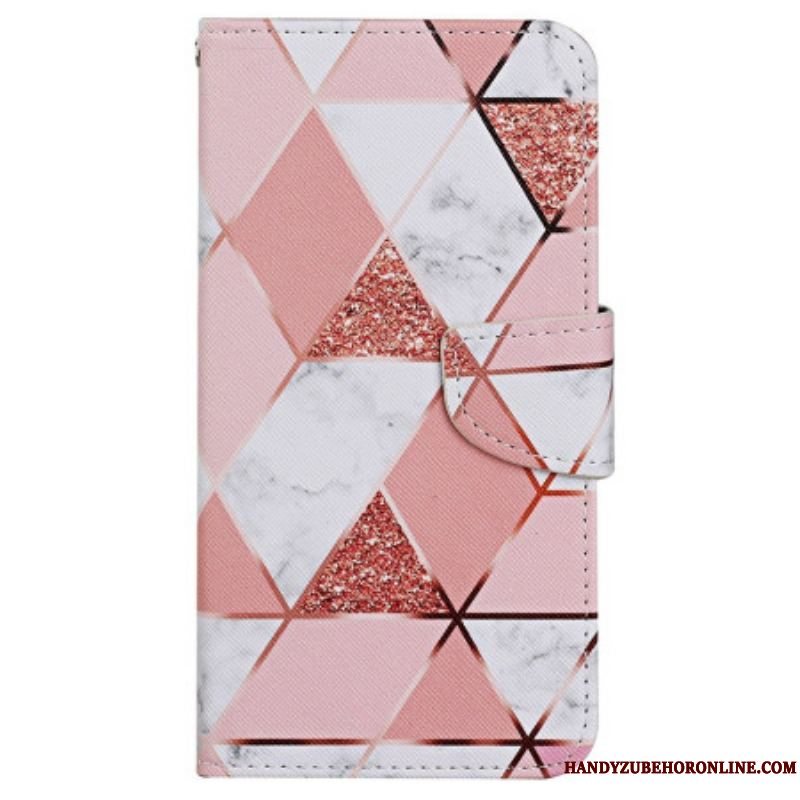 Flip Cover iPhone 15 Med Snor Marmor- Og Glitterrem