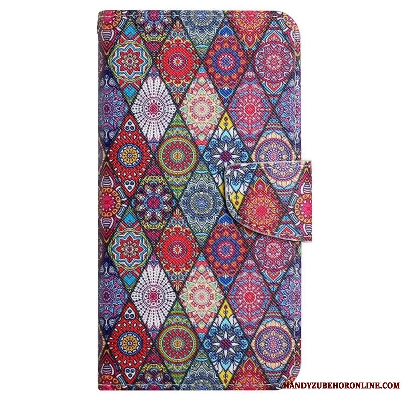 Flip Cover iPhone 15 Med Snor Smukt Patchwork Med Rem