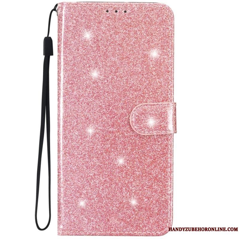 Flip Cover iPhone 15 Plus Med Snor Glittereffekt Med Rem