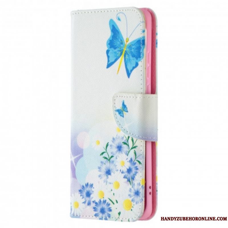 Læder Cover Huawei P50 Pro Malede Sommerfugle Og Blomster