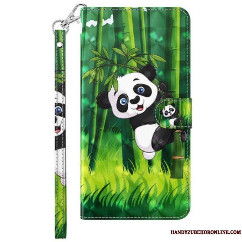Læder Cover Moto G73 5G Med Snor Panda Og Bambus Med Snor