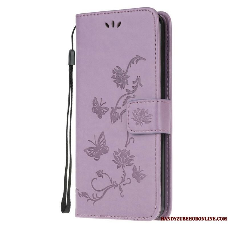 Læder Cover Samsung Galaxy A42 5G Med Snor Thong Sommerfugle Og Blomster