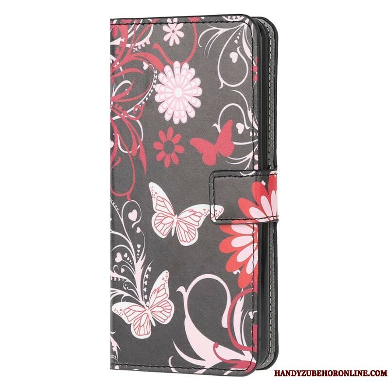 Læder Cover Samsung Galaxy A42 5G Sommerfugle Og Blomster