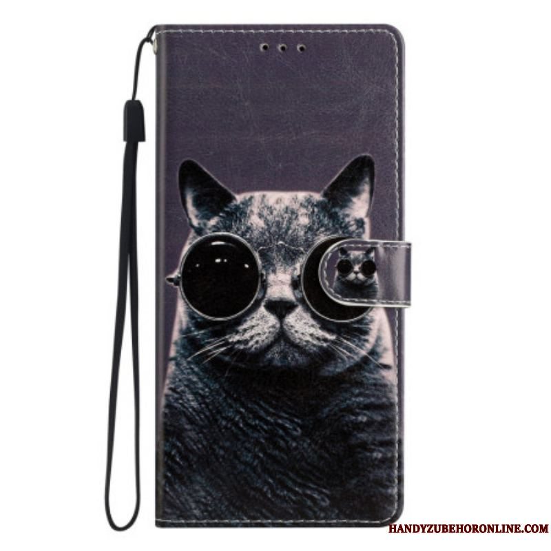 Læder Cover Samsung Galaxy A54 5G Med Snor Cat Strappy Briller