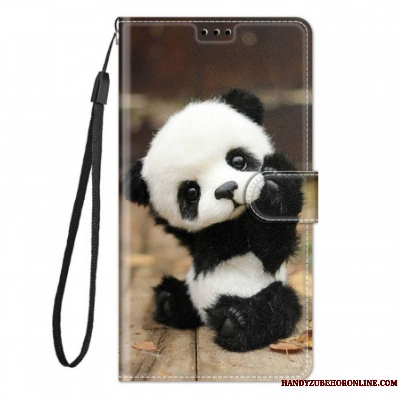 Læder Cover Samsung Galaxy M23 5G Med Snor Lille Panda Med Rem
