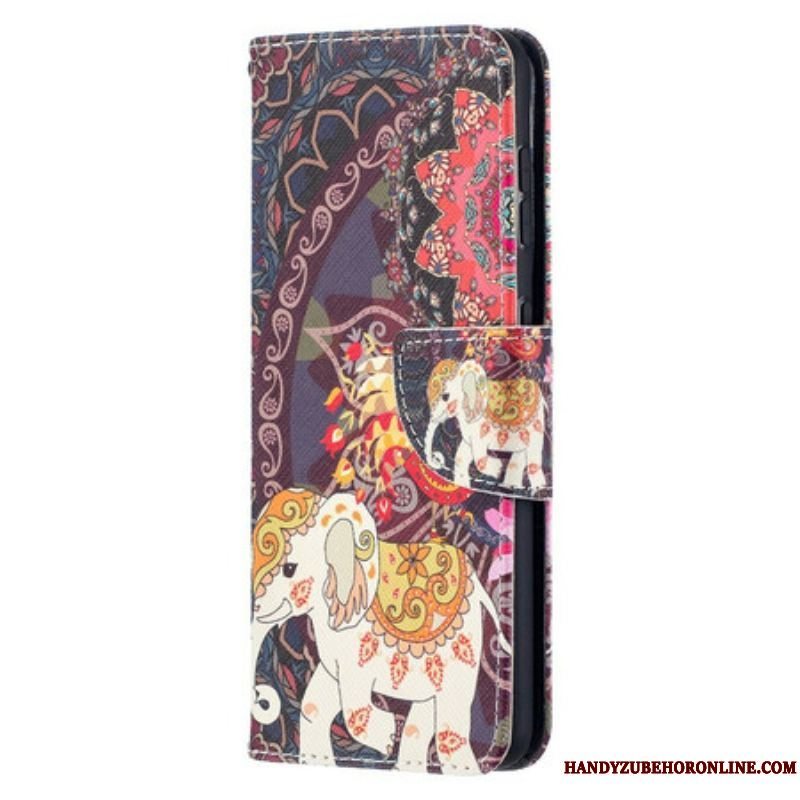 Læder Cover Samsung Galaxy S21 5G Mandala Med Etniske Elefanter