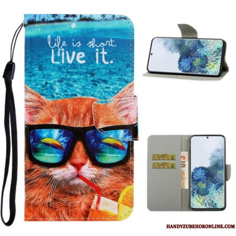 Læder Cover Samsung Galaxy S21 5G Med Snor Cat Live It Strappy
