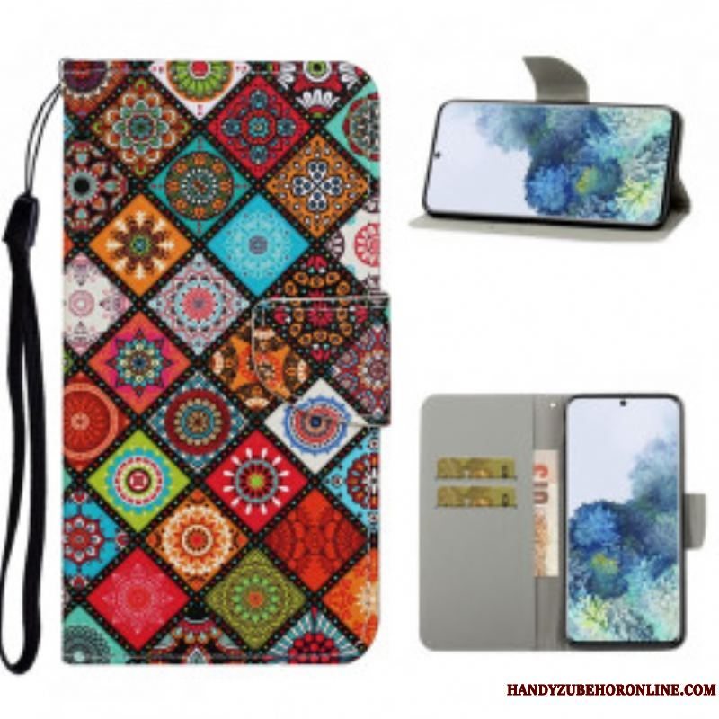 Læder Cover Samsung Galaxy S21 Ultra 5G Patchwork Mandalaer Med Snor