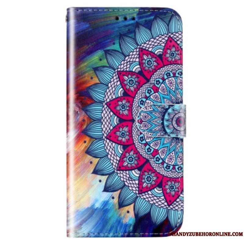 Læder Cover Samsung Galaxy S23 5G Med Snor Farverig Strappy Mandala