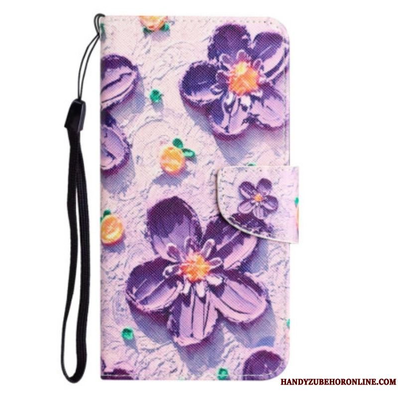 Læder Cover Xiaomi 12T / 12T Pro Med Snor Strappy Blomster