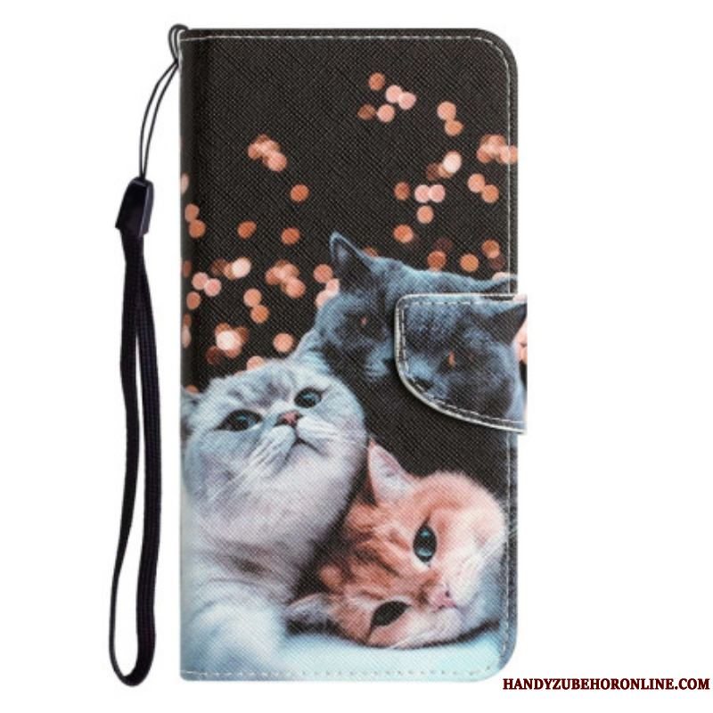 Læder Cover Xiaomi 12T / 12T Pro Med Snor Tre Strappy Cats