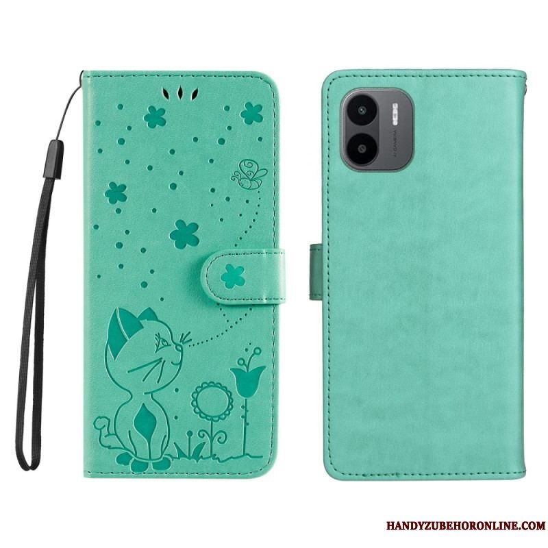 Læder Cover Xiaomi Redmi A1 Med Snor Kat Og Bi Med Snor