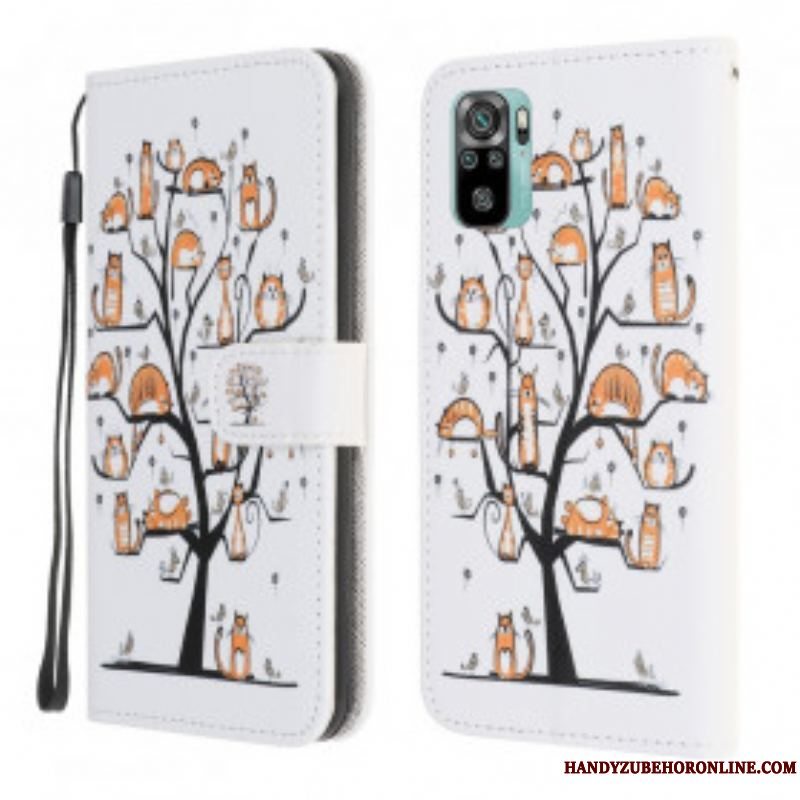 Læder Cover Xiaomi Redmi Note 10 / 10S Med Snor Funky Cats Med Rem