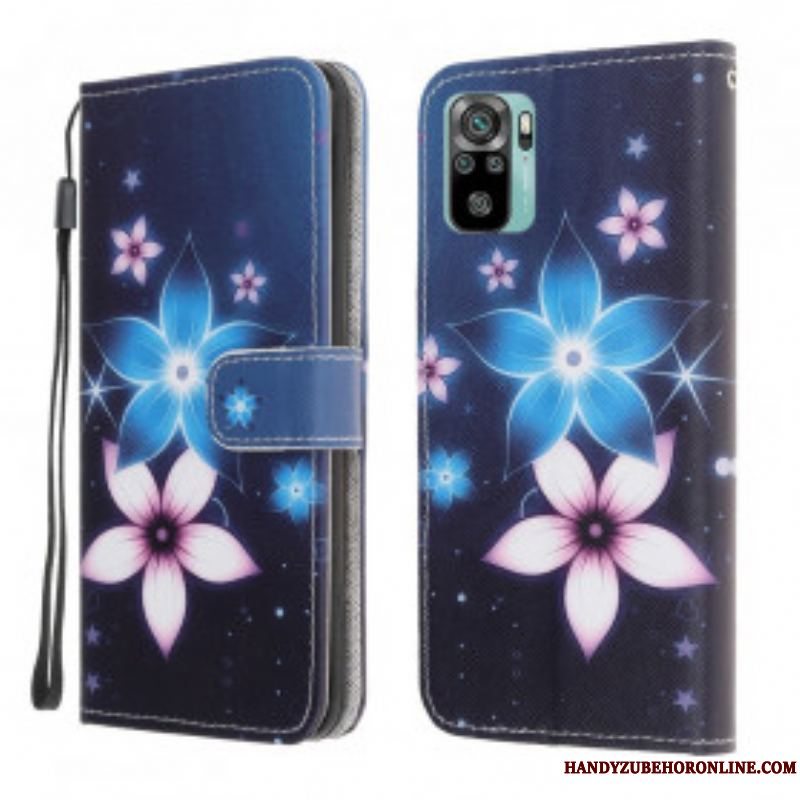 Læder Cover Xiaomi Redmi Note 10 / 10S Med Snor Lunar Strap Blomster