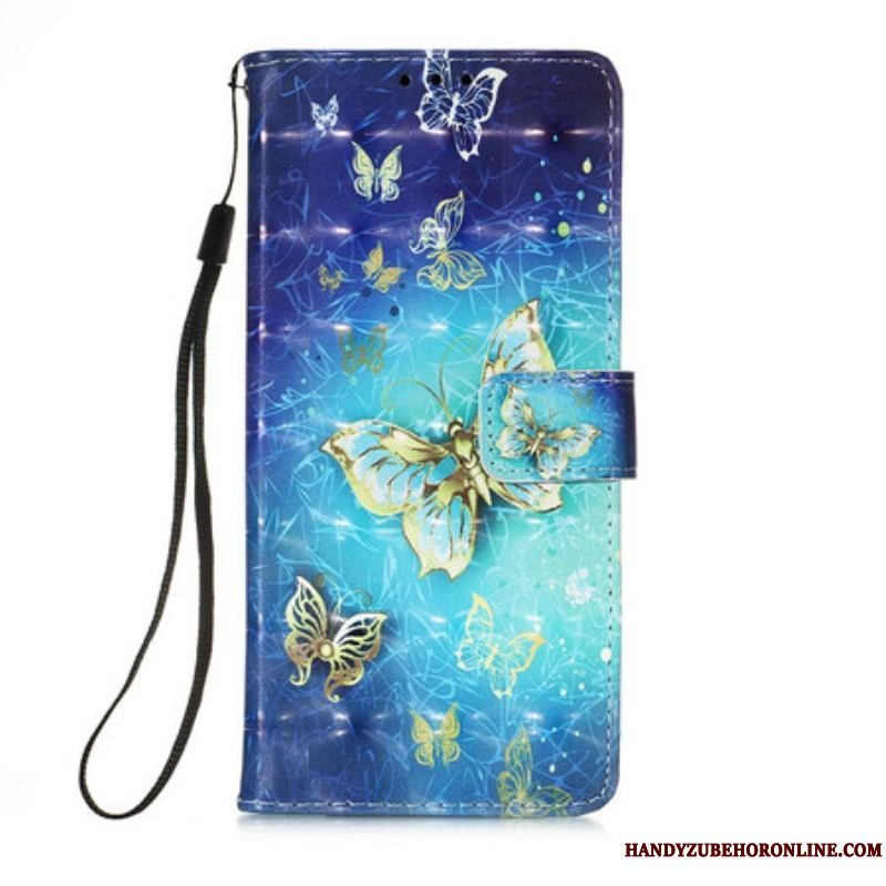Læder Cover iPhone 13 Pro Golden Butterflies Lanyard
